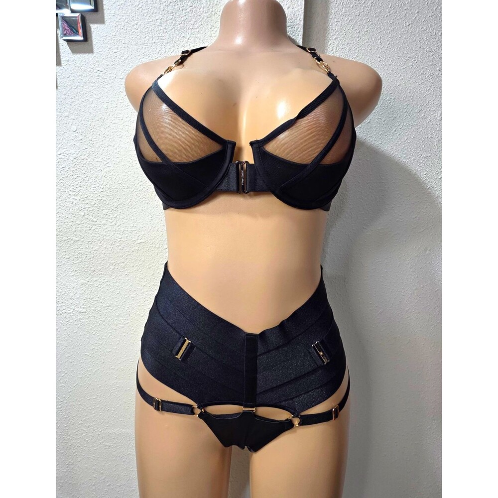 Honey Birdette The Black Collection Black Mesh Strappy Ring Bra Set 34D